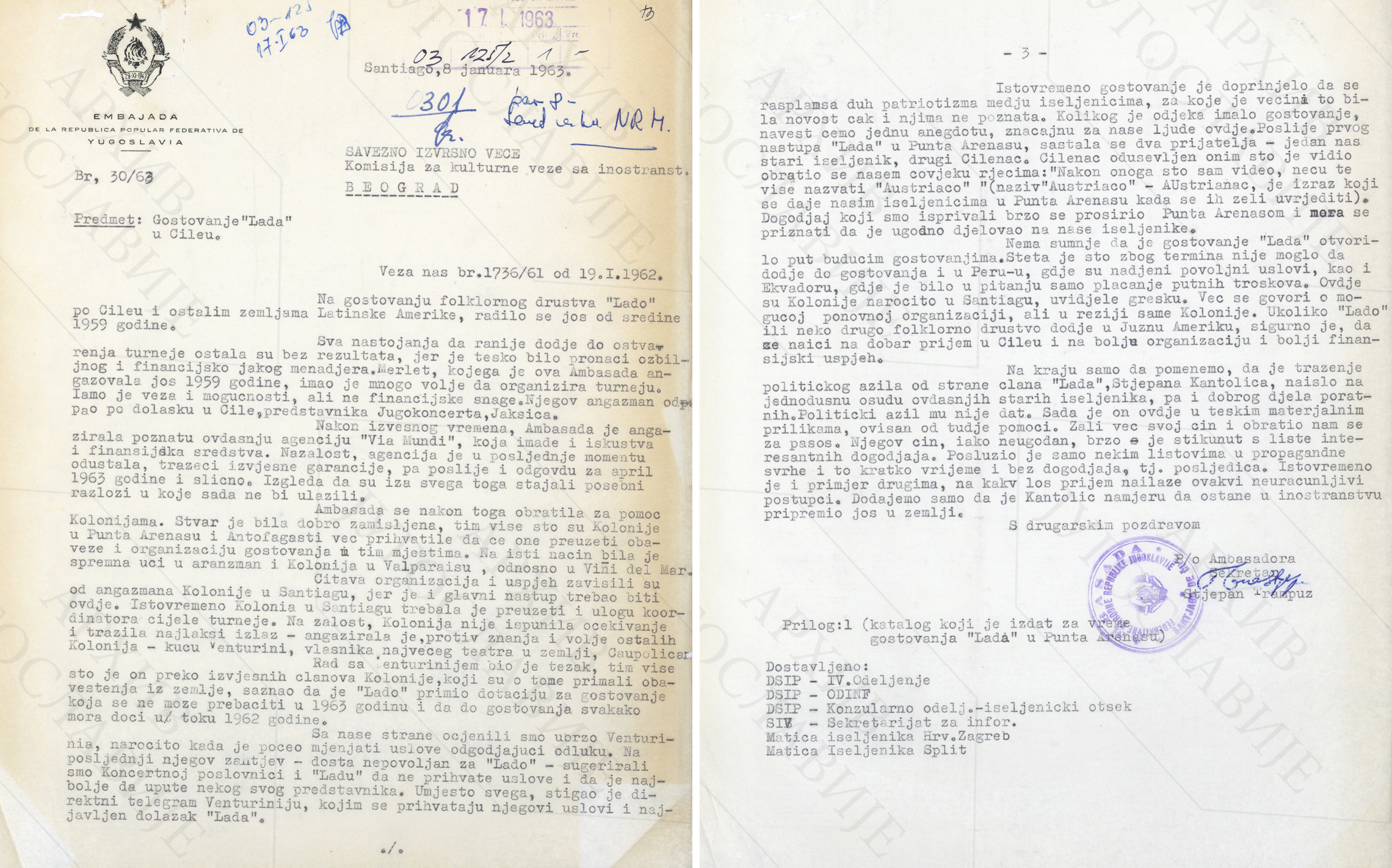  Амбасаде ФНРЈ о турнеји Лада у Чилеу, 8. 1. 1963
